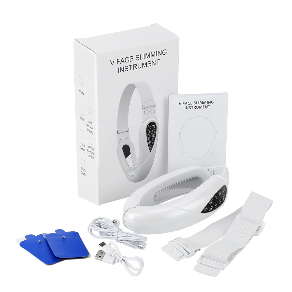 Contenuto confezione V-Face: dispositivo, fascia, gel pad, cavo USB