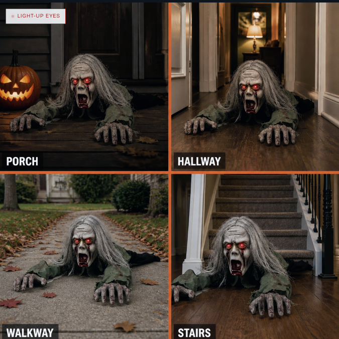Crawling Zombie porch hallway walkway and stairs placement examples