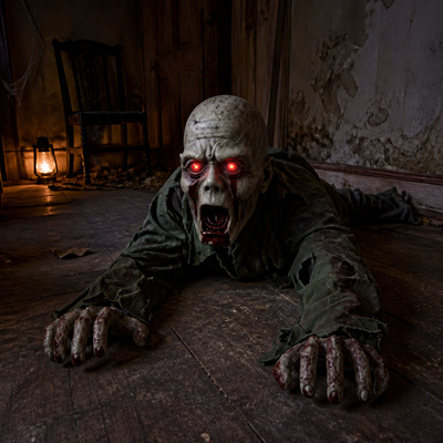 Crawling Zombie bald style in a dark room